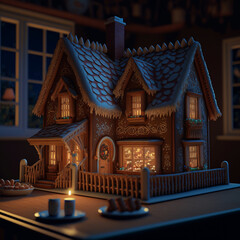 Gingerbread House Pixar Style with candles at night. Generative AI.