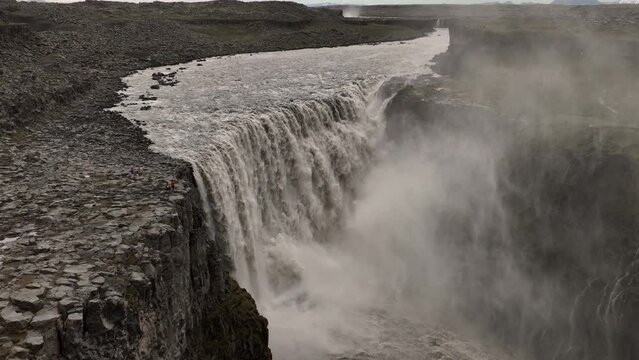 Powerful waterfall Detifoss aerial Icelandic raw nature slow motion