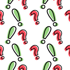 Exclamation mark and question mark, punctuation marks, vector seamless pattern in the style of doodles