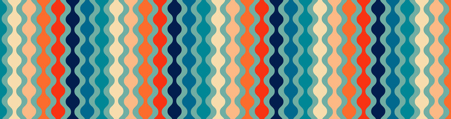 Retro mid century modern background pattern, abstract circle striped design, old vintage colors, mid-century hippie beads hanging, vintage 50s or 60s geometric vector art in blue orange red and beige - 553805710