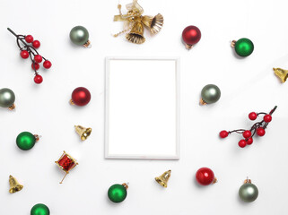 Naklejka na ściany i meble Christmas festival mockup on white background. Blank frame flat lay