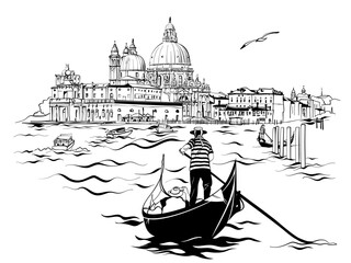 Gondolier in gondola on Grand Canal, Saint Mary of Health in background, Venice, Italy. Black and white