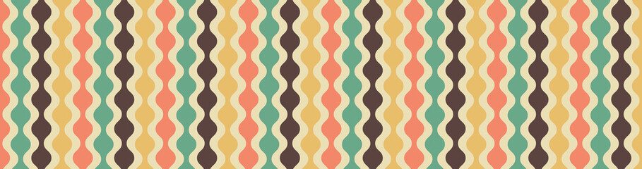 Retro mid century modern background pattern, abstract circle striped design, old vintage colors, mid-century hippie beads hanging, vintage 50s or 60s geometric vector art in blue green brown gold 