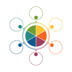 Template for circle diagram of infographics, colored circles and arrows for 6 positions