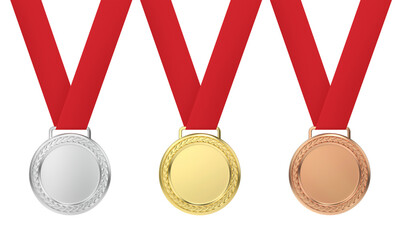 Front view of gold, silver and bronze medals