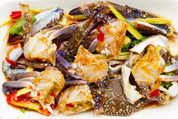 spicy green mango salad with blue crab