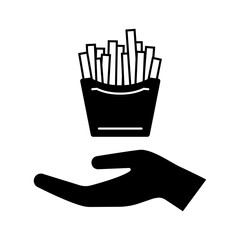 Hand and fries icon. Serving of pack of French fries. Vector Illustration