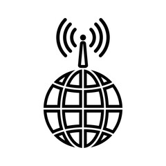 Line icon of globe and antenna with signals. Symbol of Internet connection or other communication transmission across the planet and beyond. Vector Illustration
