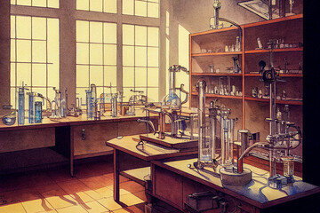 Scientific laboratory, biology and chemistry research lab, experiment and study room, generative ai illustration
