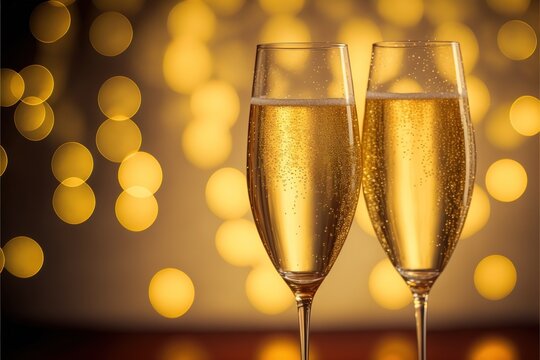 Glasses of Champagne on Yellow Golden Bokeh Background