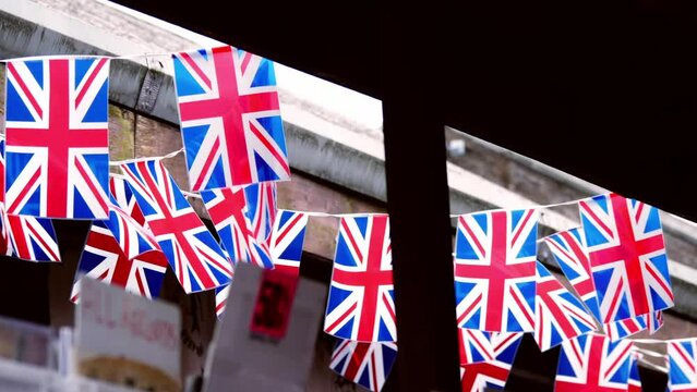 Bunting of Union Jacks British flag for Royal celebration street party