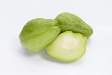 Fresh chayote fruit on white background.