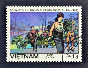 Cancelled postage stamp printed by Vietnam, that shows Troops, truck, Victory at Dien Bien Phu,...
