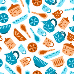 Seamless pattern with bright kitchenware. Vector illustration.