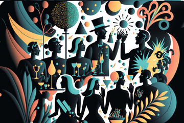 Layered Paper Cut Illustration of People Celebrating at a New Year’s Eve Party