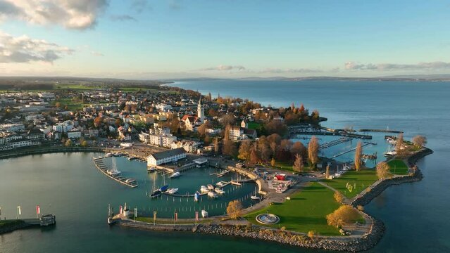 Aerial view of Romanshorn, a town along Lake Constance, Switzerland view at sunset