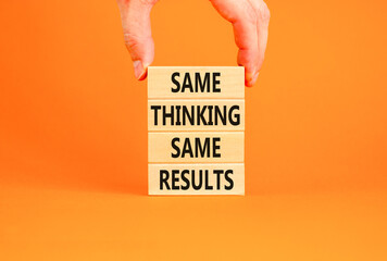 Same thinking and results symbol. Concept word Same thinking same results on wooden blocks. Beautiful orange table orange background. Business and same thinking and results concept. Copy space.