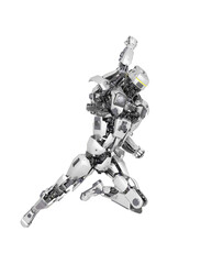 master robot is doing a super punch in white background