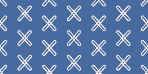 Blue background and white crosses arranged like a polka dot. Vector for print seamless, pattern for stylish design of surfaces.