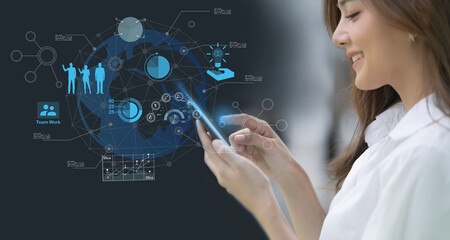 Woman using mobile smart phone with global network connection concept