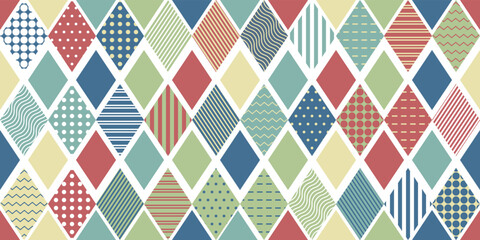 Striped, and polka dots rhombuses. Textile colorful rhombs pattern. Vector for print seamless, pattern for stylish design of surfaces.
