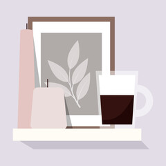 Frame with illustration, coffee and cozy candles