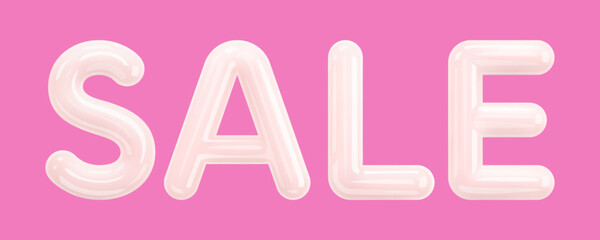 Sale. Word SALE from white 3d letters in glossy cartoon plastic style isolated on pink background. Banner, design element, promotion design, sale season, holiday sale. 3D Vector illustration