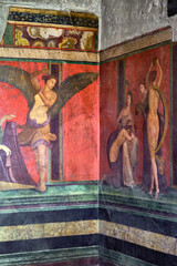 Ancient Roman fresco in Pompeii showing a detail of the mystery cult of Dionysus. Pompeii destroyed by the eruption of Vesuvius in 79 BC