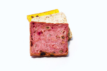 Whole grain bread slices on white background.
