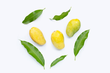 Mango with green leaves on white background.
