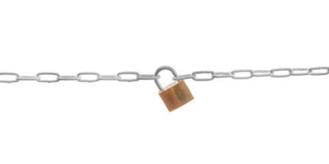 Two silver colored chains connected by a small gold colored lock isolated png with transparency