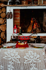 Fondue in a cozy wooden cabin