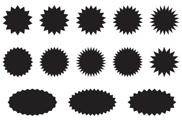 Starburst stickers. Black sunburst badges, isolated star price labels set.