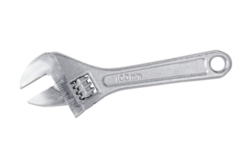 Silver large adjustable wrench. Isolated png with transparency