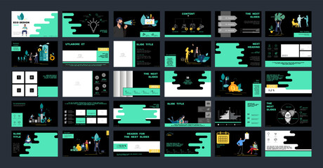 Eco-design City business. Presentation powerpoint template, geometric shapes background, green and black elements.Teamwork, businessman, nature and trees.Use in flyers webinar pages.Vector infographic