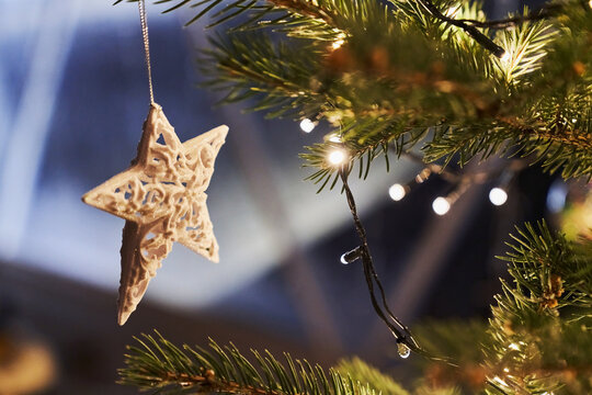 Star and garlands hanging on Xmas tree