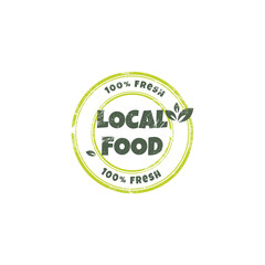 Local food sticker, label, stamp, badge and logo with grunge effect. Ecology icon. Logo template with green leaves for local food establishments. Vector illustration