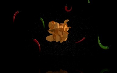 Potato chips with pepper in flight on a dark background, 3d illustration