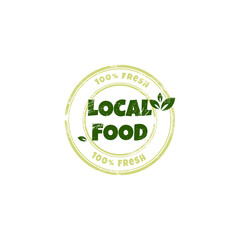 Local food sticker, label, stamp, badge and logo with grunge effect. Ecology icon. Logo template with green leaves for local food. Vector illustration