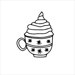 Winter hot drink. Hot chocolate or cocoa with whipped cream in doodle style. Hand drawn vector illustration.