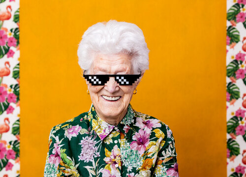 Confident elderly female in pixel sunglasses