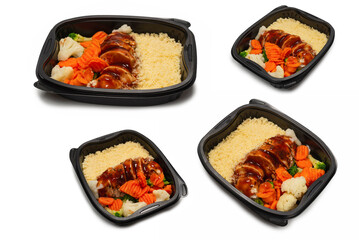 Ready food in a container. Stewed chicken in teriyaki sauce, stewed carrot, cabbage and porridge.