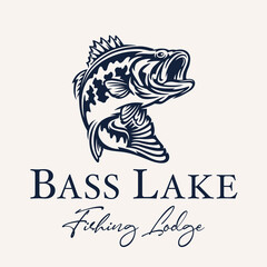 Bass lake fishing lodge logo design. Largemouth Bass jumping icon. Freshwater fish angling emblem. Vector illustration.