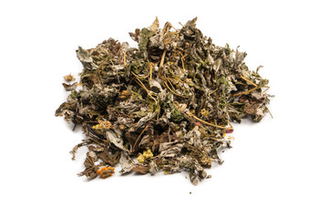 Dry tea leaves and dry fruit isolated on white background.