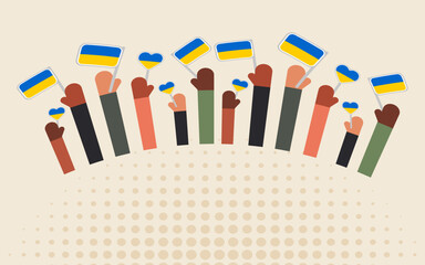 The hands of people of different nationalities in the struggle for peace in Ukraine hold flags with blue and yellow. Horizontal banner with place for text. Vector.