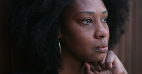 Preoccupied African woman. Pensive stressed black person feeling anxiety-1