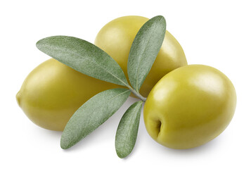 Delicious green olives with leaves, isolated on white background