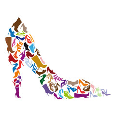 Shoes in a big shoe silhouette, illustration over a transparent background, PNG image