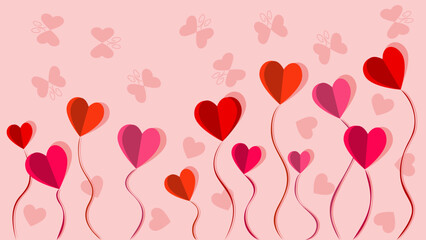 Fototapeta na wymiar Heart flowers and butterflies with 3D effect Valentines Day card vector