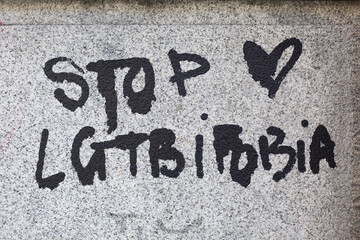 Painted on wall with slogan "STOP LGTBIFOBIA". Message of support to the lgtb community.
